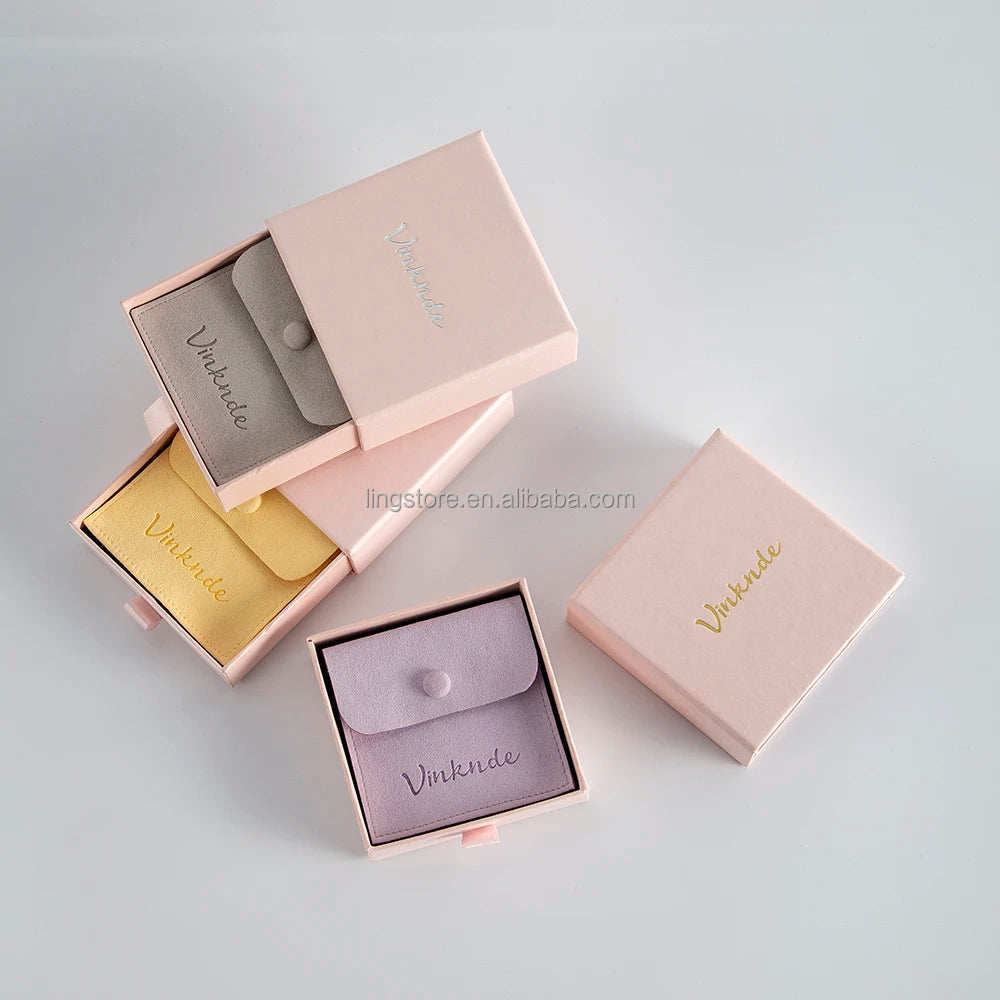 Pink Silver Foil Logo Printed Fine Sliding Cardboard Microfiber Pouches Button Jewelry Drawing Box Packaging Jewelry Boxes