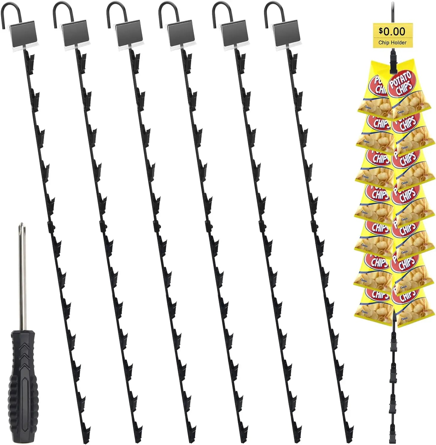 Clips Display Racks Black Metal Single Strips Hanging Snack Display Merchandising Strips Rack with 12 Clips
