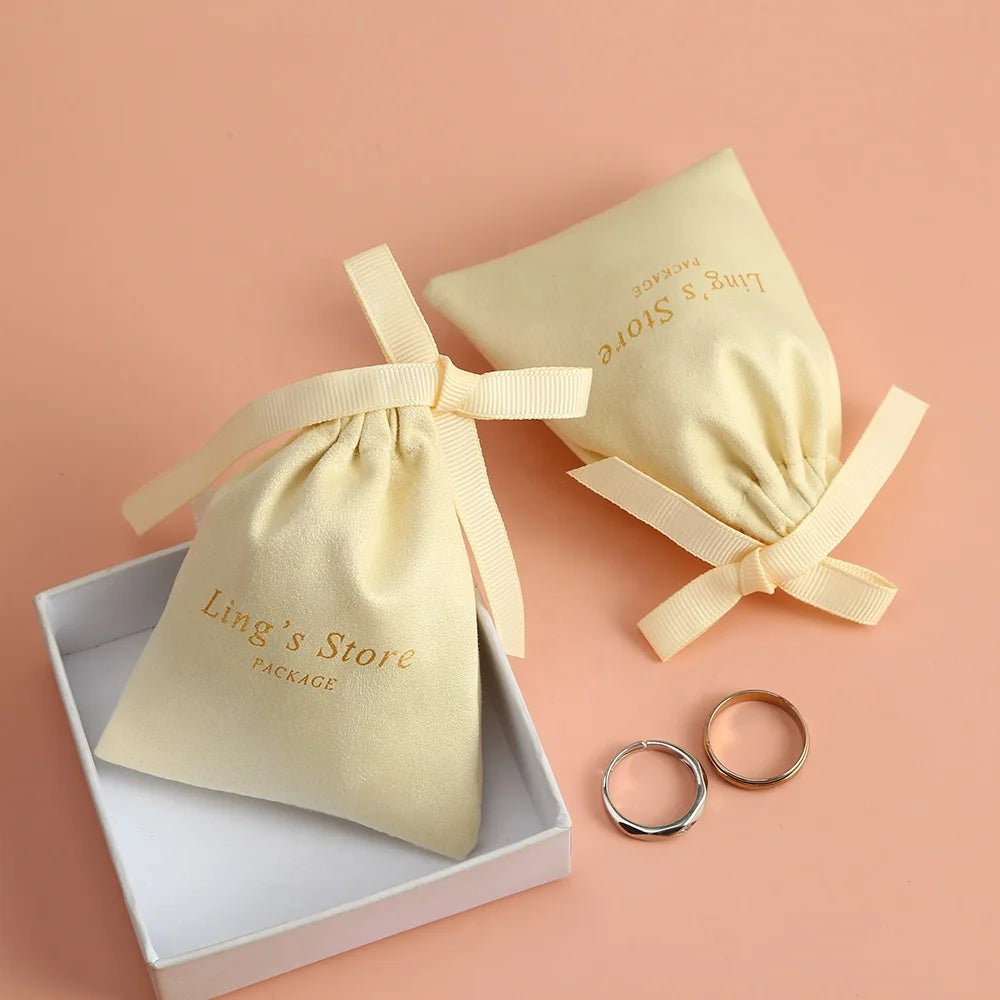 7x9cm Light Yellow Personalized Velvet Bag Soft Fabric Suede Drawstring Pouch For Jewelry Packaging With Grosgrain Ribbon Bow