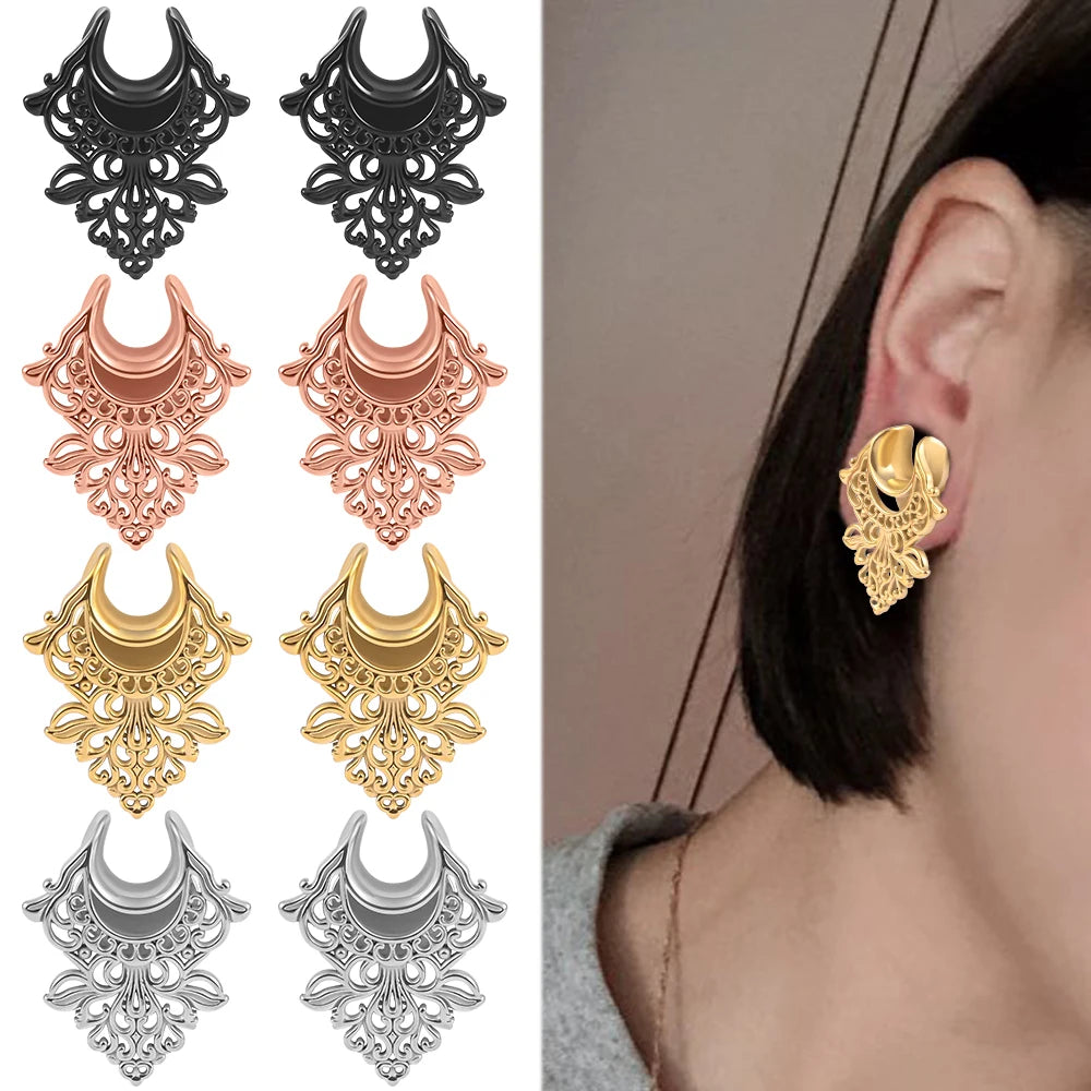 Evorte 316L Waterproof Stainless Steel Trendy Hollow Earrings Saddle Ear Tunnel Plugs Stretchers Expander Piercing 24K Jewelry