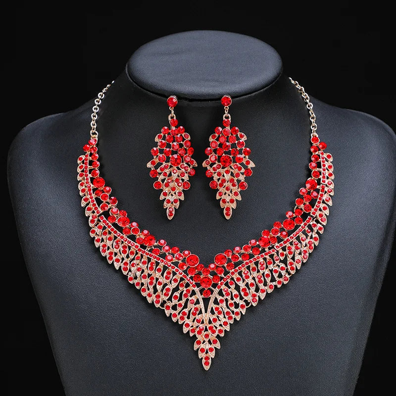 Hot Selling Crystal Rhinestones Jewelry Set Necklace Leaf Shape Earrings Jewelry Set Bridal Wedding Jewelry Sets