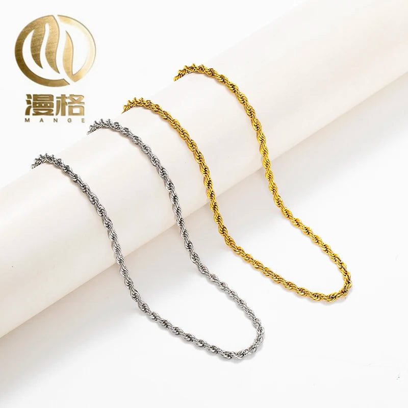 Stainless Steel Plated 18K Gold Rope Chain Twist Necklace Men's Hip-hop Jewelry Women