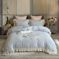 Princess Style Blue Duvet Cover King Size 100% Cotton Lace Quilt Comforter Bed Sheet Bedding Set Set