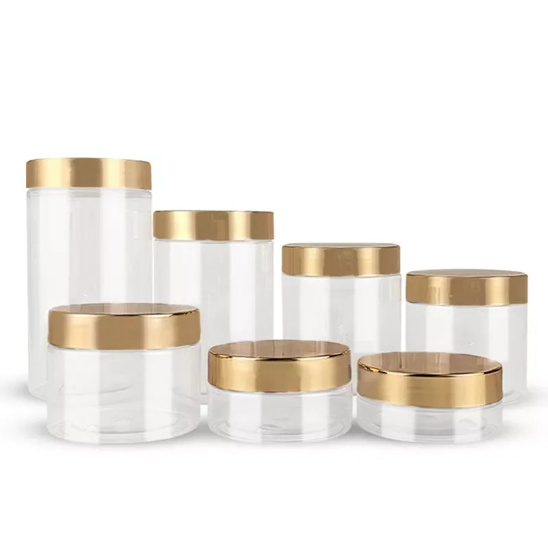 4oz 8oz 16oz Empty Cream Cosmetics Containers Luxury Clear Gift Jars Round PET Cream Jars with Gold Lids