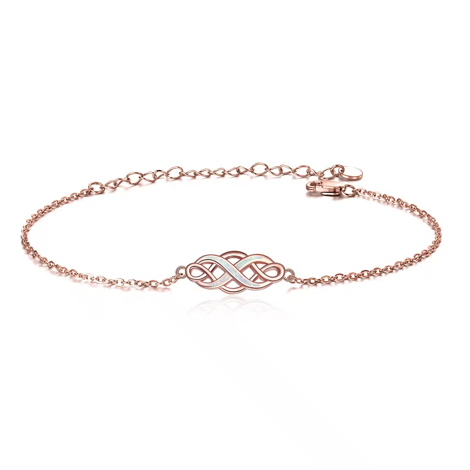 Irish Jewelry 925 Sterling Silver Rose Gold Plated Celtic Knot Opal Infinity Chain Bracelet