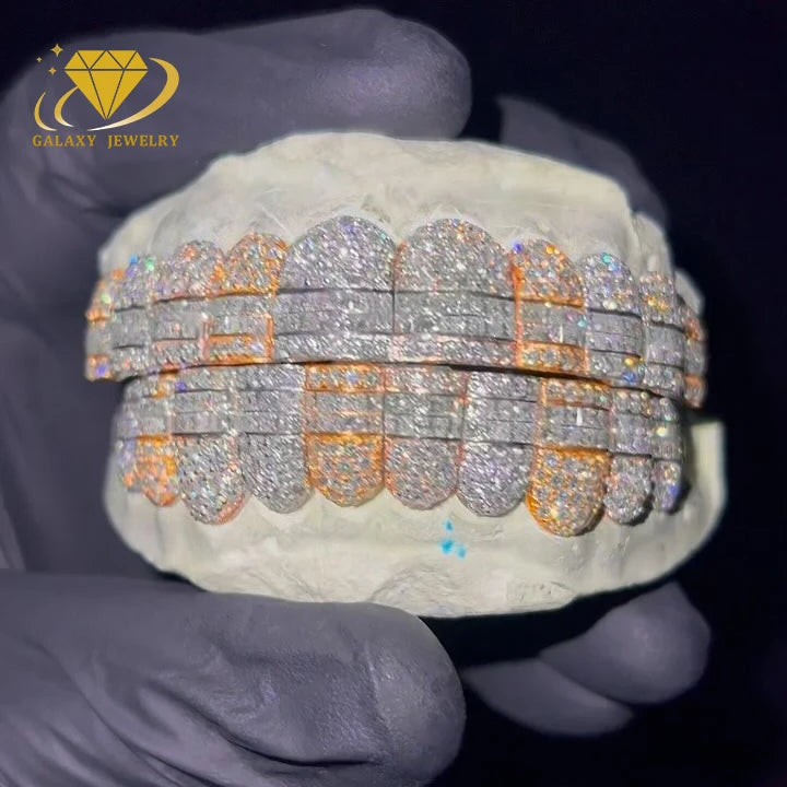 Factory Custom S925 Silver Two Tone Moissanite Grillz 8 on 8 Princess Cut Invisible Set Grillz for Teeth