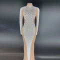 Luxury Women Pearls Ladies Dress Sexy Stretch Nude Party Wear Dresses Performance Party Celebrate Costume