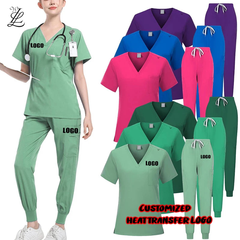Summer Beauty Salon Female Doctor Jogger Two Piece Custom Sublimation Logo Hospital Medical Scrubs Nursing Scrubs Uniforms Sets
