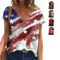 Women's Casual Loose V-Neck T-Shirt Custom Printed Independence Day Design in White Plain Dyed Summer Streetwear Fabric