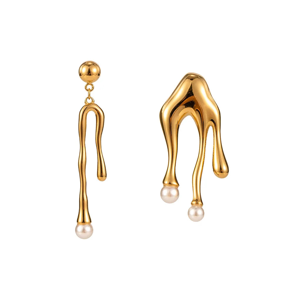 Asymmetrical Delicate Niche Fashionable Pearl Waterproof Stainless Steel Gold Plated Zircon Earring for Women Men Jewelry