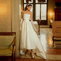 White Elegant Wedding Strapless Backless Gown Satin Short Front Long Back Trailing Bridal Dress