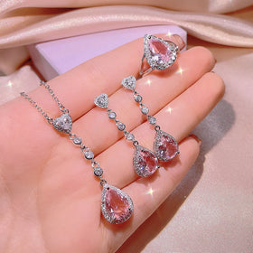 Trendy Bridal Wedding Silver Tassel Earrings Ring Cubic Zirconia CZ Water Drop Necklace Engagement Jewelry Set