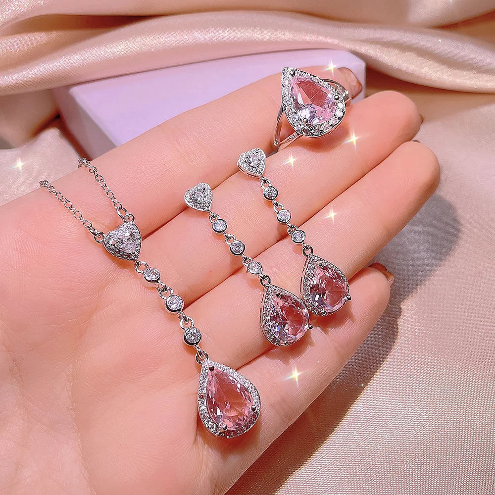 Trendy Bridal Wedding Silver Tassel Earrings Ring Cubic Zirconia CZ Water Drop Necklace Engagement Jewelry Set