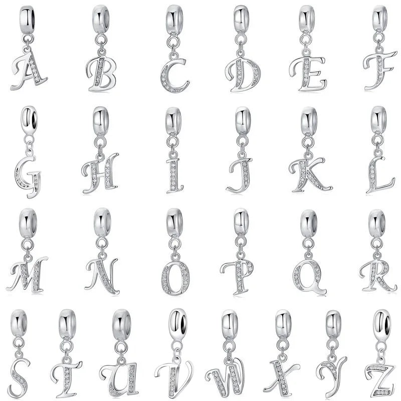 Alphabet Dangle Beads Accessories A-Z Letter Sterling Silver Charms Zircon Initial Charm for Bracelets Necklaces Jewelry Making
