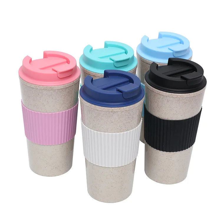 Wholesale Bulk Double Wall Reusable Coffee Tumblers 16oz 480ml Wheat Straw Fiber Coffee Cup with Lid Frosted Plastic Cups