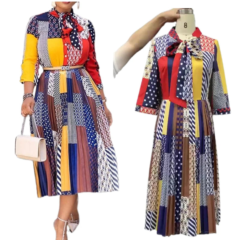 Women's Clothing Ladies Brand New Fall Casual Floral Long Sleeve Dresses African Fashion Pleated Dress