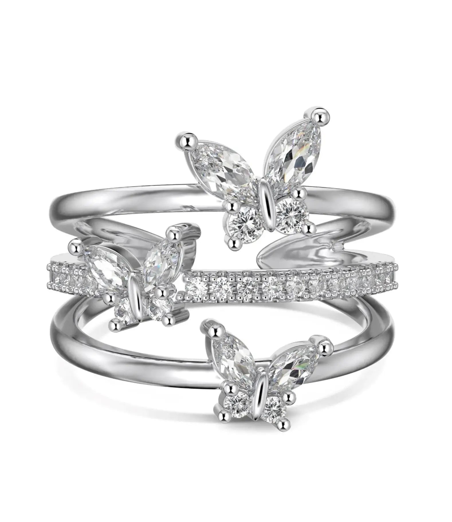 ACME 925 Sterling Silver Butterfly  Zircon Multiple Layer Rhodium  Gold Plated 14K Engagement Ring Cut Diamond Pearl Stone