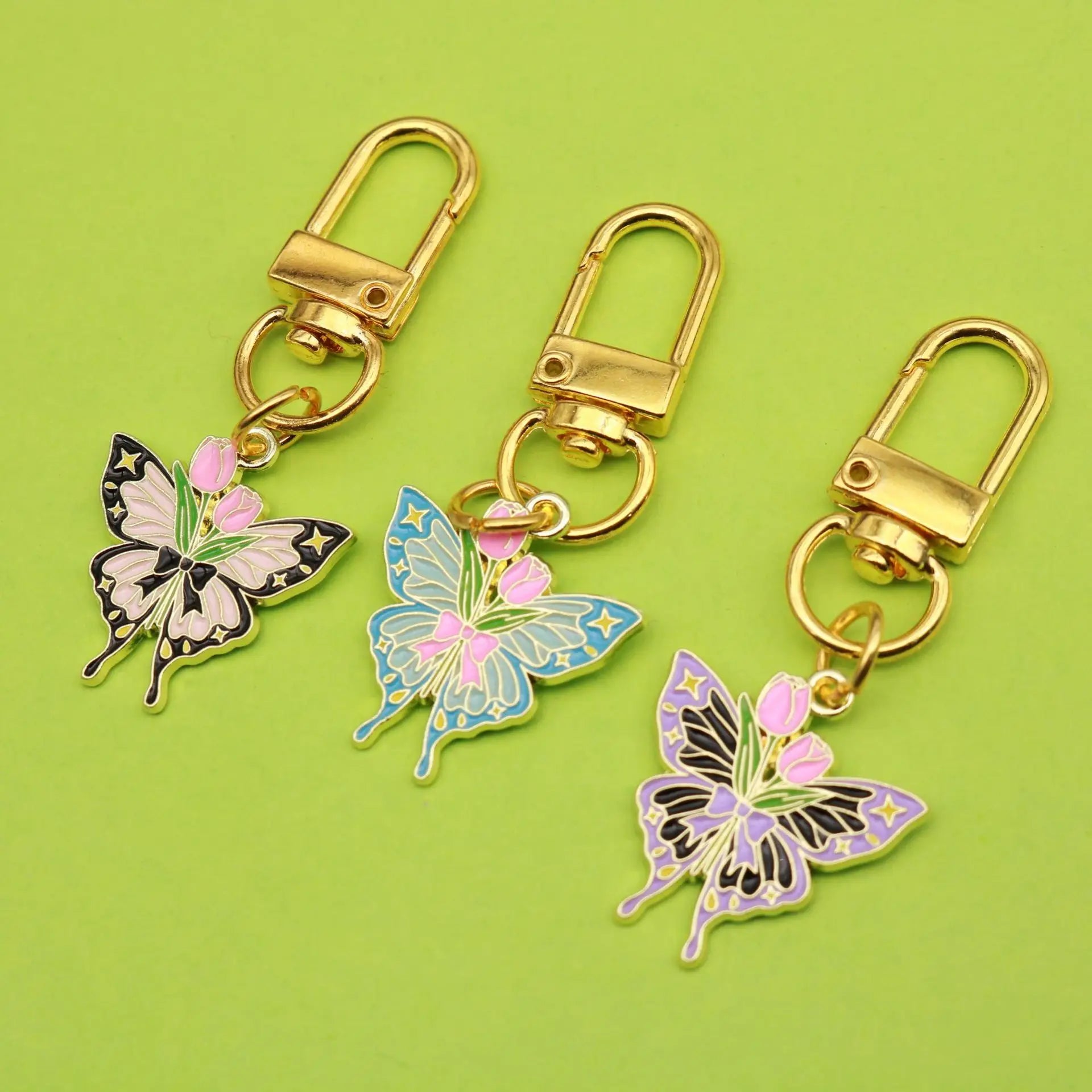 Small Fresh and Simple Butterfly Flower Metal Keychain Pendant UV Printed Light Alloy Bag Zipper for Buckle Accessories
