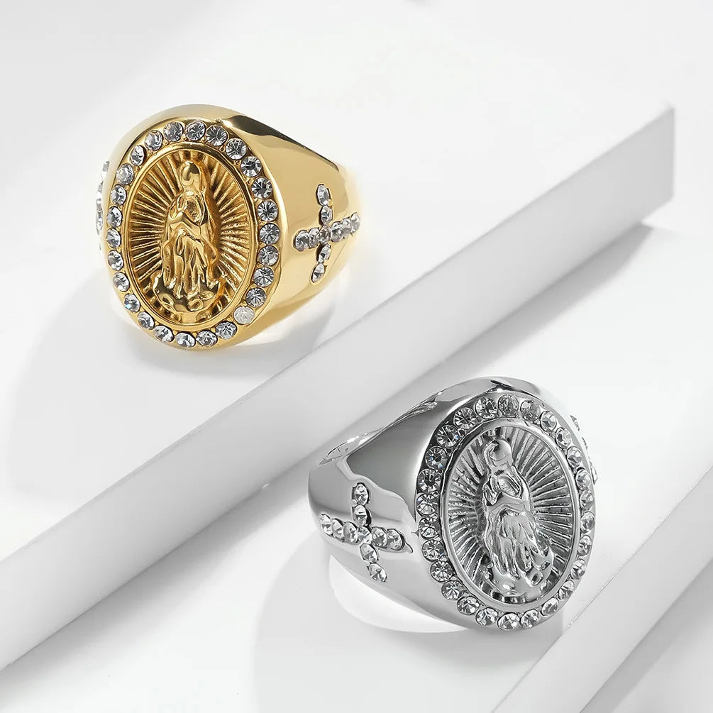 Stainless Steel Our Lady Mary Cross Ring 18 K Gold Plated Fashion Diamond studded Ring for Men Women Party Gifts Jewelry