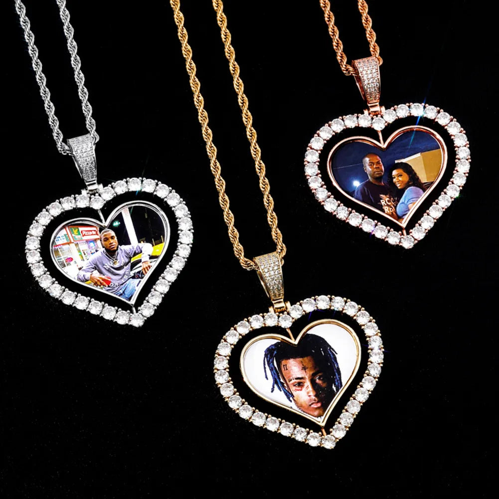 Trendy Custom DIY CZ Pendant Necklace Iced Hollow Love Heart Revolving Picture Frame Brass Plated Rope Photo Memory Gift