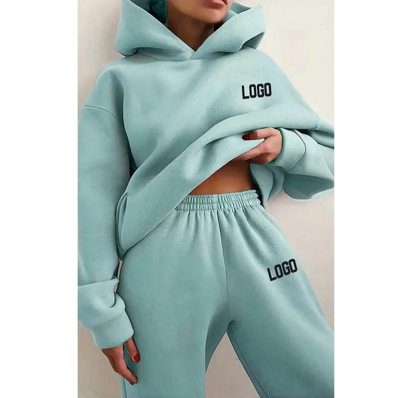 F230696 Custom Print Embroidery Sportswear Tracksuit Women Sweatsuit Set Two Pieces Workout Sweatpants and Hoodie Jogger Set