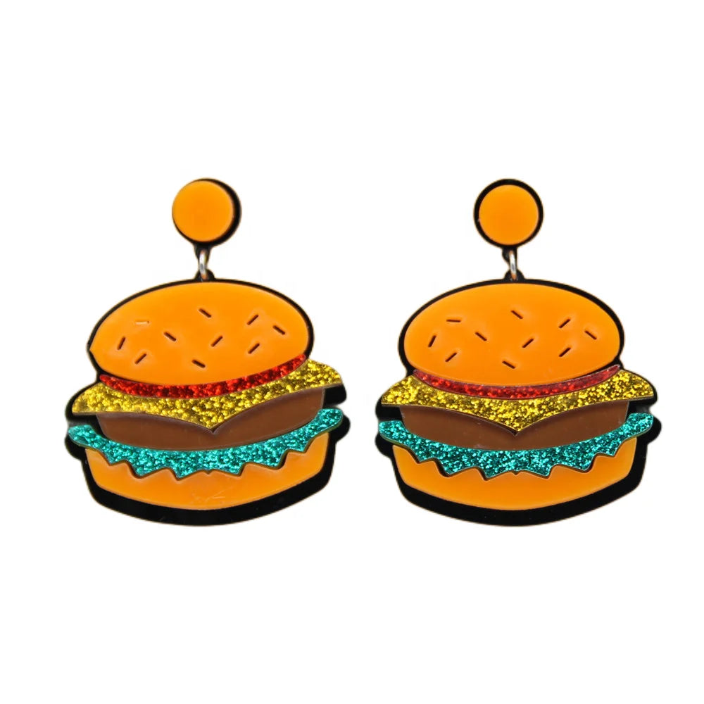 Dangle Earrings Drop Earrings for Women Party Jewelry Food Resin Cute Cartoon Glistening Hamburger Acrylic Orange 1pair/opp Bag