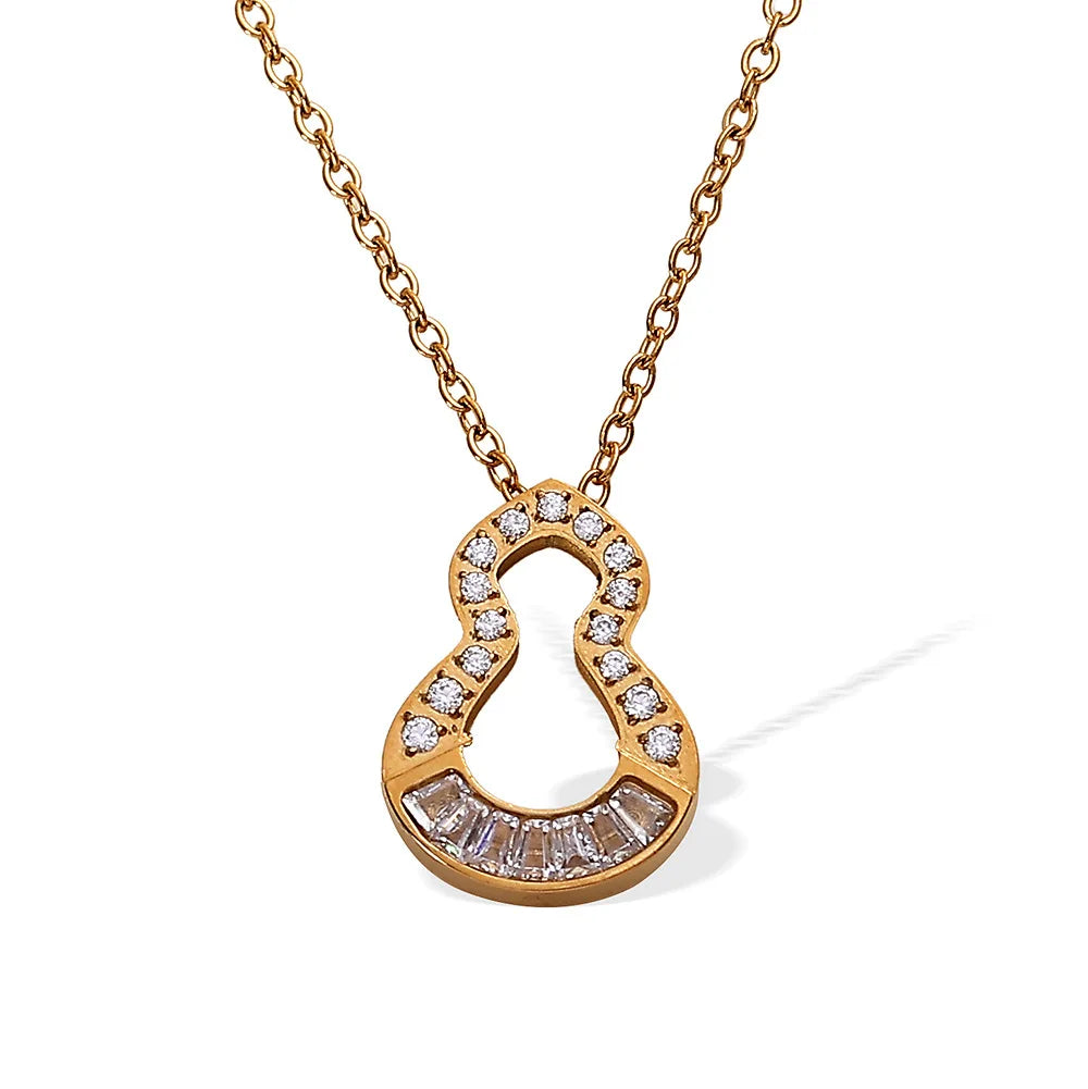 Hot Selling Fashion 18K Gold-Plated Stainless Steel Necklace with Inlaid diamond Hollow Gourd Geometric Pendant Collarbone Chain