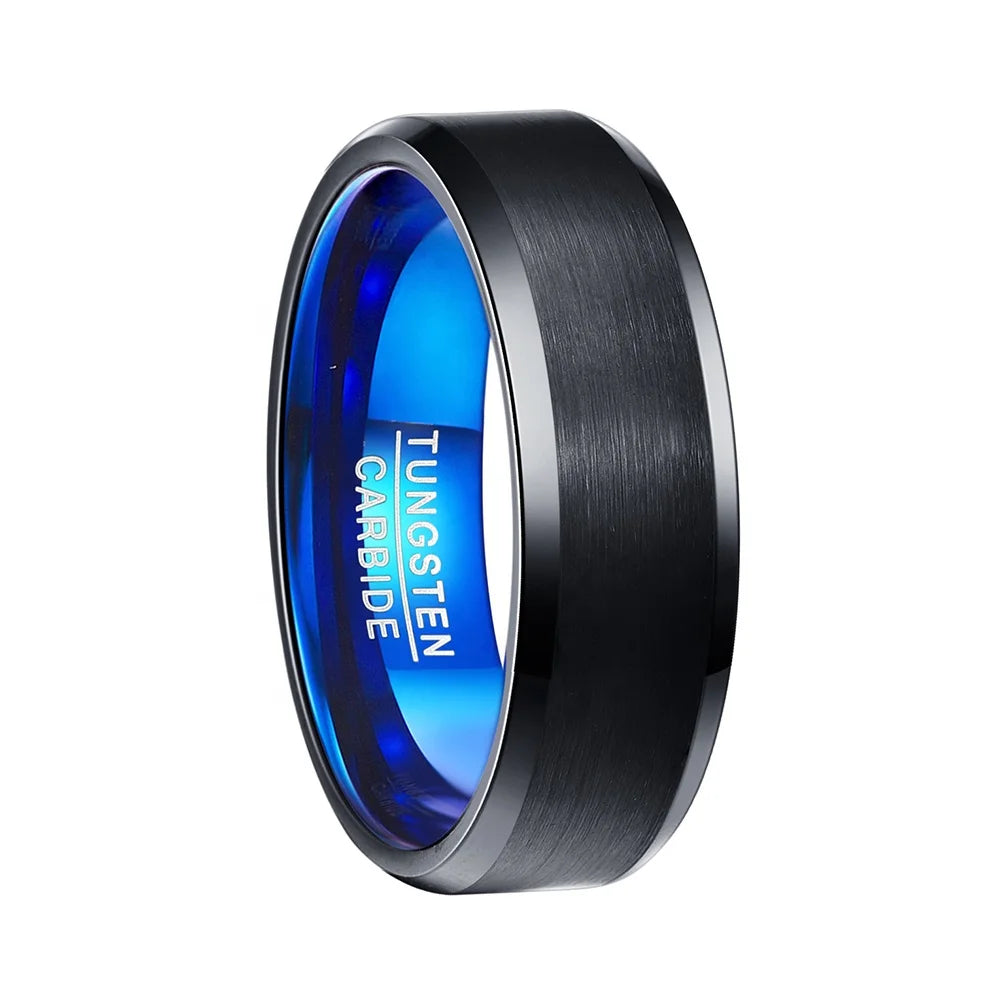 Alin Fashion Jewelry Manufacturer Matte Tungsten Band Ring Black and Blue with Brushed Center