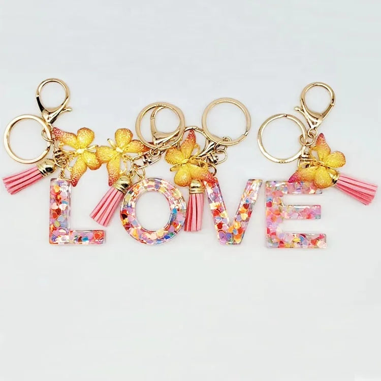 Plastic Alloy Acrylic Colorful Heart Letter Keychain with Butterfly Charm and Tassel-Promotion Gift