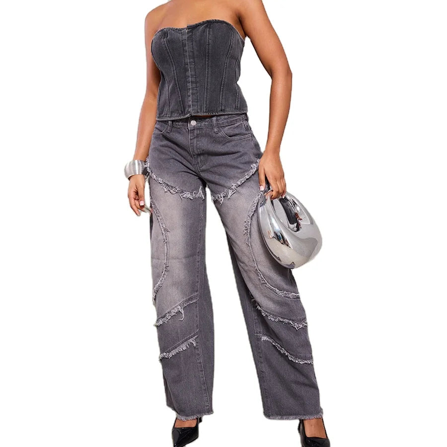 Dark Grey Washed Asymmetric Frayed Detail Mid Rise Straight Leg Jeans