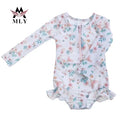 Mly Kids Girls Custom Logo One-Piece Beachwear Floral Print Cotton Swimsuit Toddler Size Beachwear Set Customizable Bikini