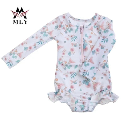 Mly Kids Girls Custom Logo One-Piece Beachwear Floral Print Cotton Swimsuit Toddler Size Beachwear Set Customizable Bikini