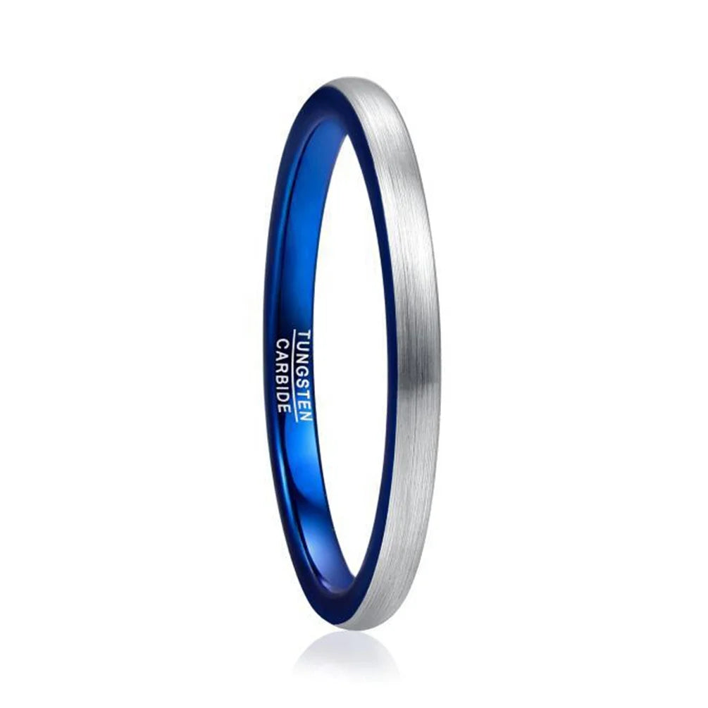 Alin 2mm Tungsten Ring His and Hers Blue and Silver Thin Tungsten Wedding Rings With Brushed Surface