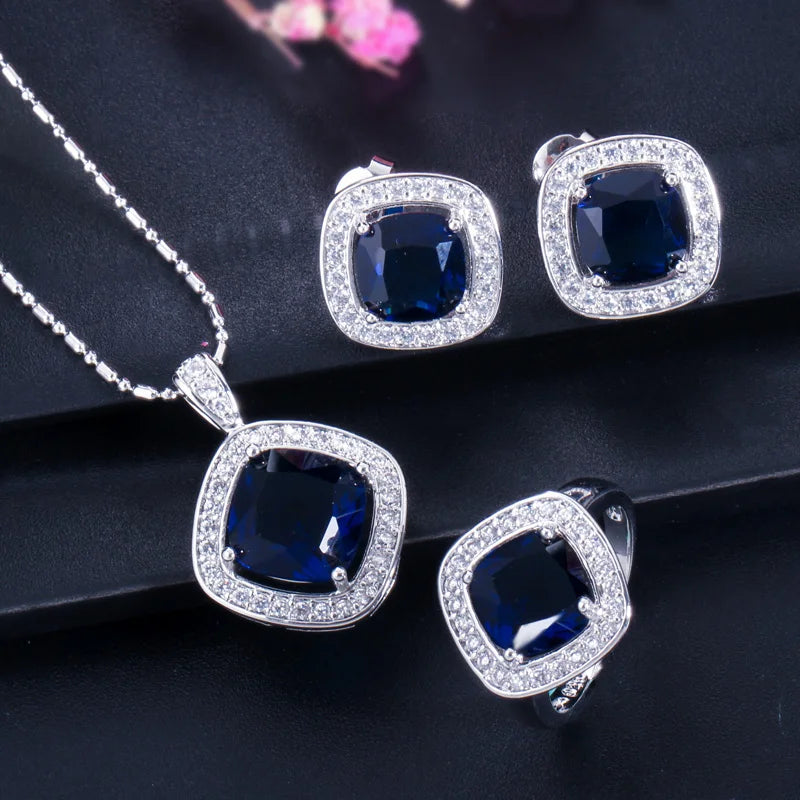 3pcs Classic Big Square Dark Blue Cubic Zirconia Crystal Women Fashion Necklace Earrings and Ring Trendy CZ Wedding Jewelry Sets