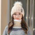 New Winter Hat and Scarf Set Knitted Hat Solid Color Plush Warm Beanie With Pom Pom