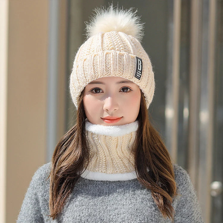 New Winter Hat and Scarf Set Knitted Hat Solid Color Plush Warm Beanie With Pom Pom