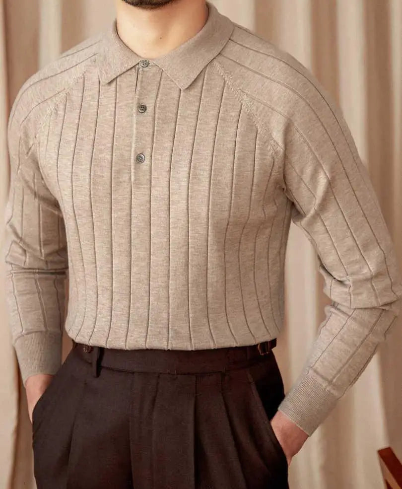 Custom Men's Solid Knit Polo Sweaters Breathable V-Neck Open Pullover with Logo Winter Ribbed Knitted V-Neck Shirt
