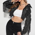 Women Tassel Denim Jacket Fashion Solid Long Sleeve Short Motorcycle Coat 2022 New Stitching Distressed Burr Cowgirl Jacket Tops