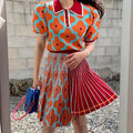 2026 Summer and Autumn New Retro Lapel Puff Sleeve Short Sleeve Sweater High Waist Pleated Skirt Fashion Women's Sets