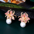 2024 New Fashion Red Cubic Zirconia Wedding Party Dangling Drop Blooming Flower Pearl Earrings for Women Jewelry
