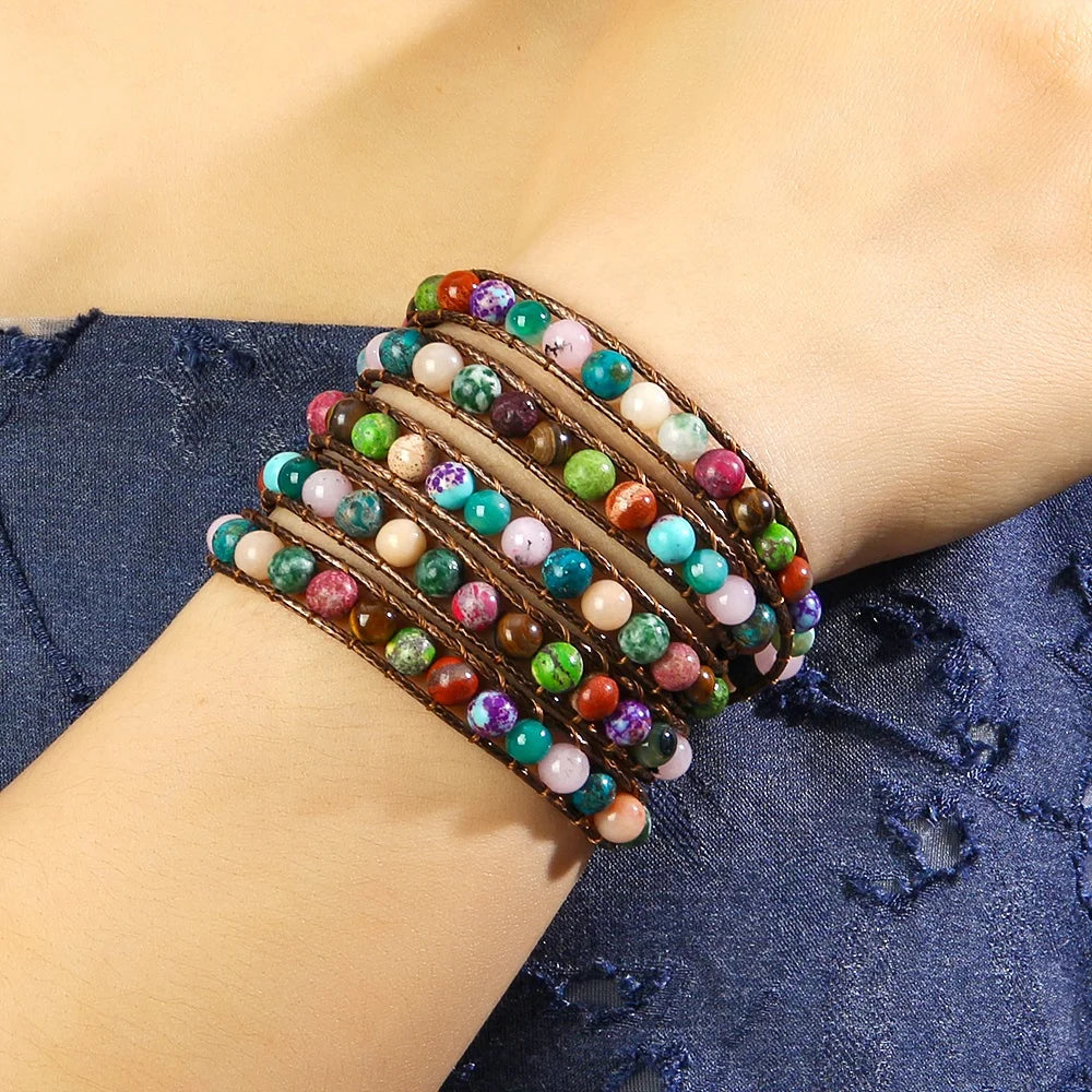 Fashion Bohemian Women Jewelry 6mm Multicolor Natural Stone 5 Strands Handmade Wrap Bracelets