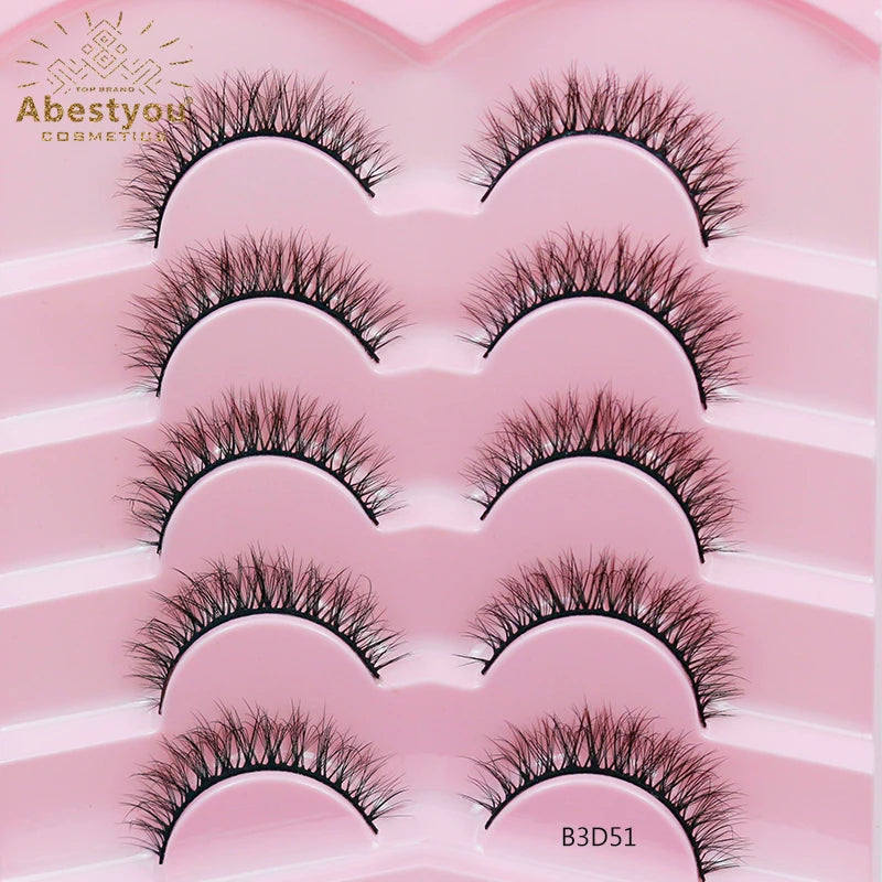 Abestyou 5 Pairs d Curl Fluffy Soft Strip Hair Eyelashes with Thin Lash Band Eyelash Vendor Customized Boxes 8d Faux Mink Lashes