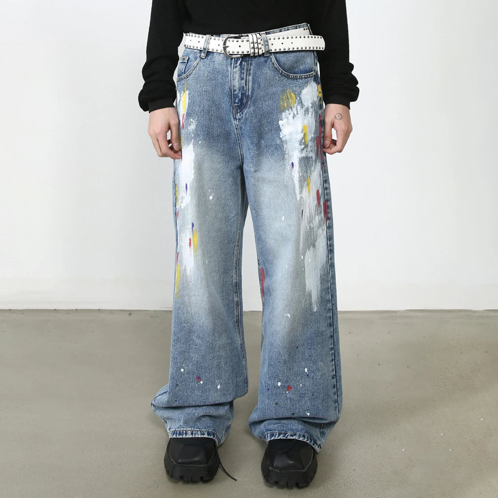 Custom Logo OEM Vintage Jeans Mens Hand Painted Graffiti Flare Jeans Men Baggy Stacked Carpenter Pants Stacked Jeans for Men