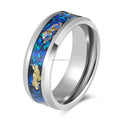 POYA 8mm Unisex Steel Tungsten Carbide Ring with Blue Opal Gold Leaf Inlay Trendy Wedding Band for Men's Engagement Party Gift