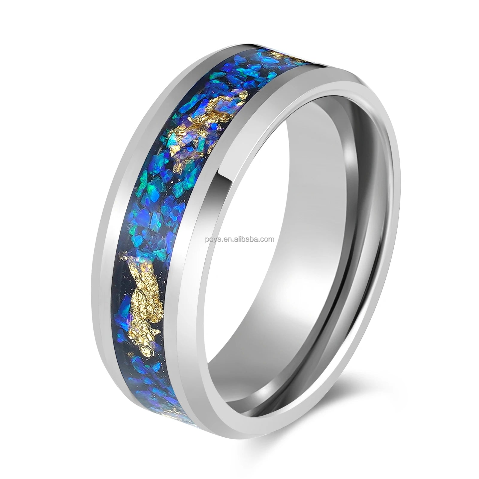 POYA 8mm Unisex Steel Tungsten Carbide Ring with Blue Opal Gold Leaf Inlay Trendy Wedding Band for Men's Engagement Party Gift