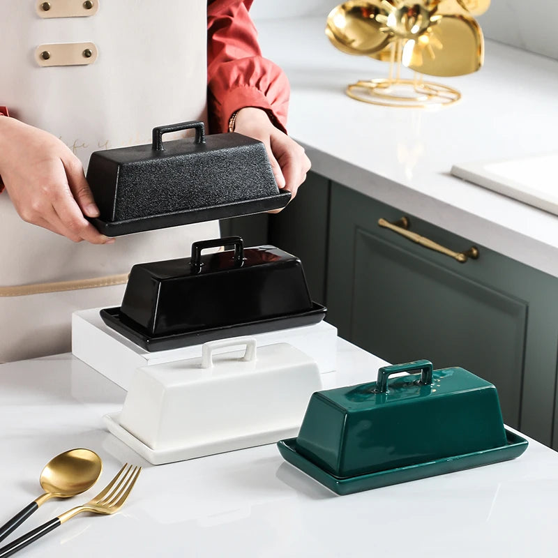 Household Glazed Rectangle Butter Dish Bulk Cheap Green Black White Ceramic Butter Dish With Lid