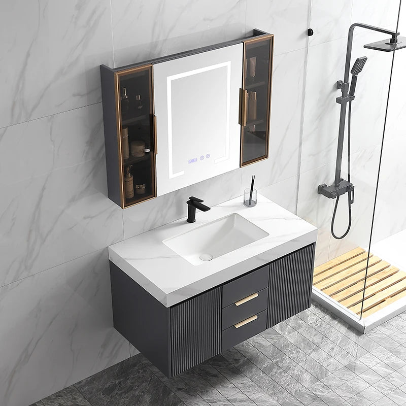 Fast Delivery Grey Color Wooden Washroom Vanity Waterproof Sintered Stone  Bathroom Cabinet Single Basin Vanity With Mirror