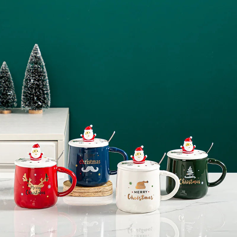 2023 New Creative Personality Nordic Christmas Gift Ceramic Mug 3D Santa Ceramic Coffee Cup with Spoon and Lid