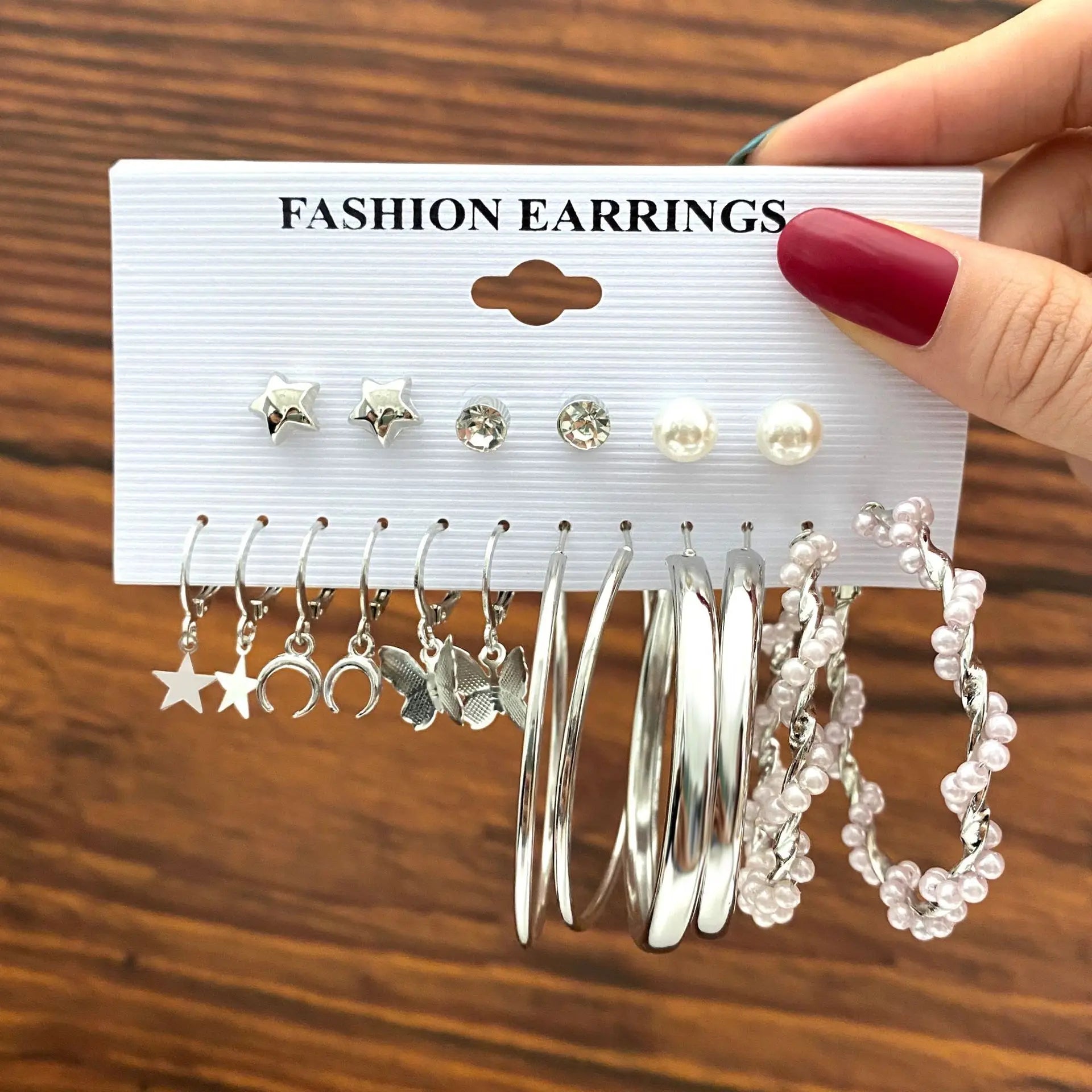 Wholesale Creative New Silver 9 Pairs butterfly Pearl Simple Star Moon Earrings for Women