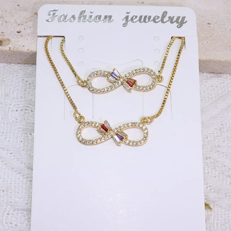 S11157 Dainty 18k Gold Plated Colorful Square CZ Diamond Zircon Baguette Infinity Charm Necklace & Bracelet Jewelry Set
